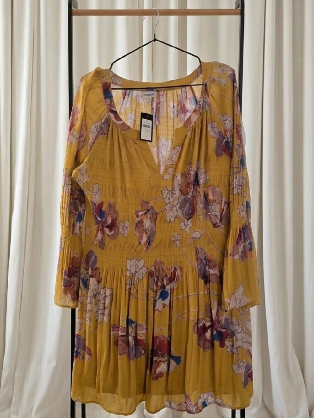 Avenue Mustard Floral Pleated Long-Sleeve Tunic Dress.